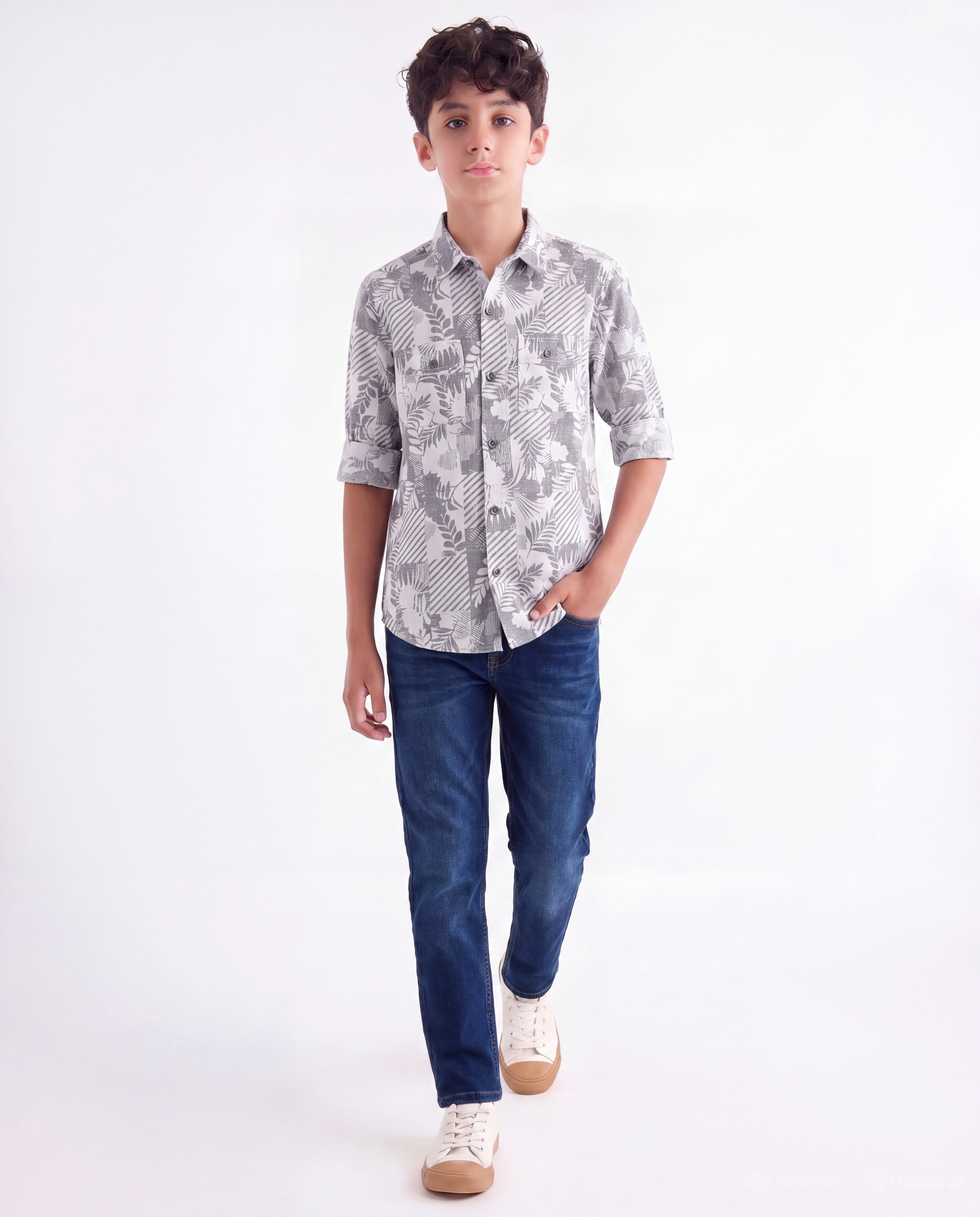 Grey Leaf Print Shirt