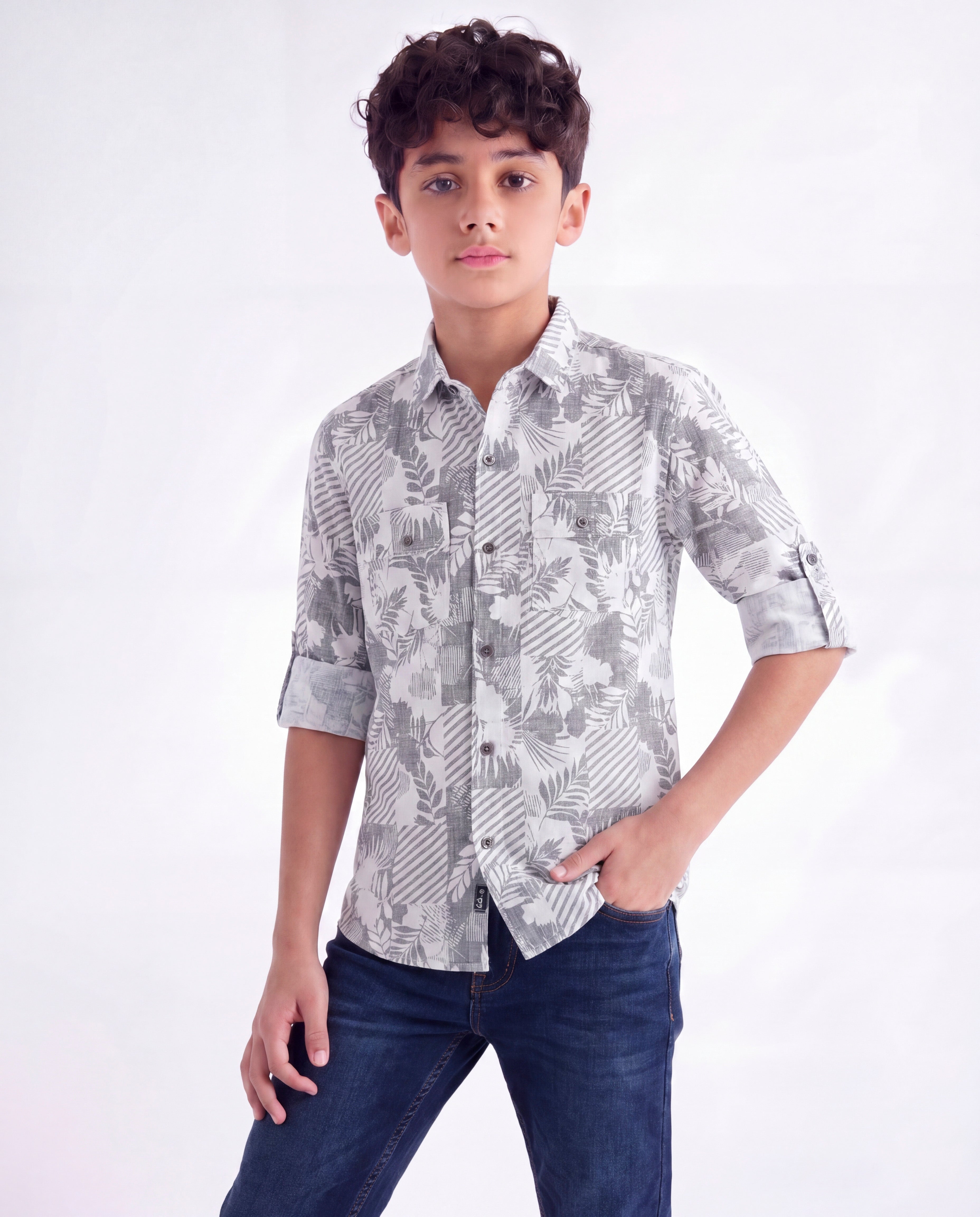 Grey Leaf Print Shirt