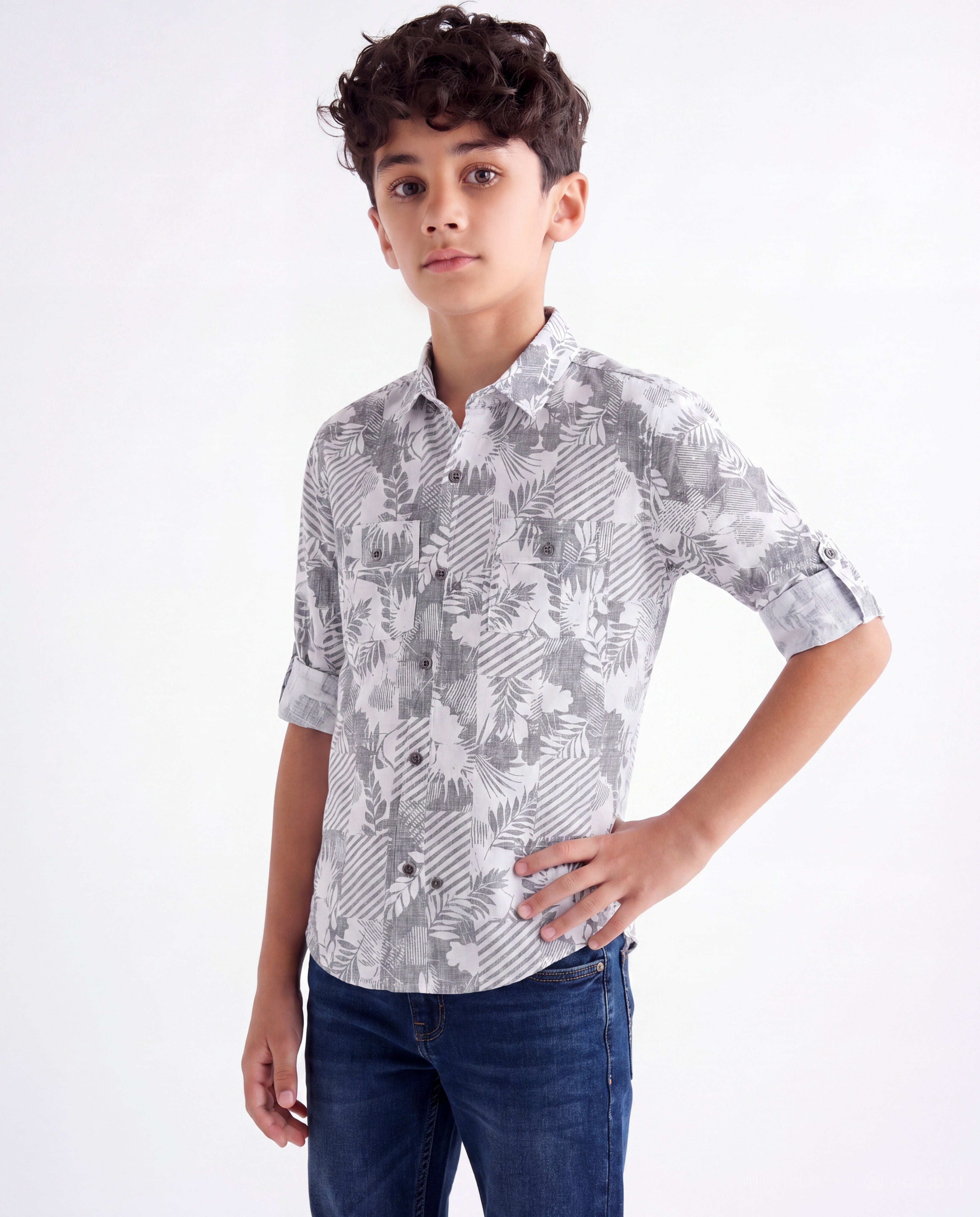 Grey Leaf Print Shirt