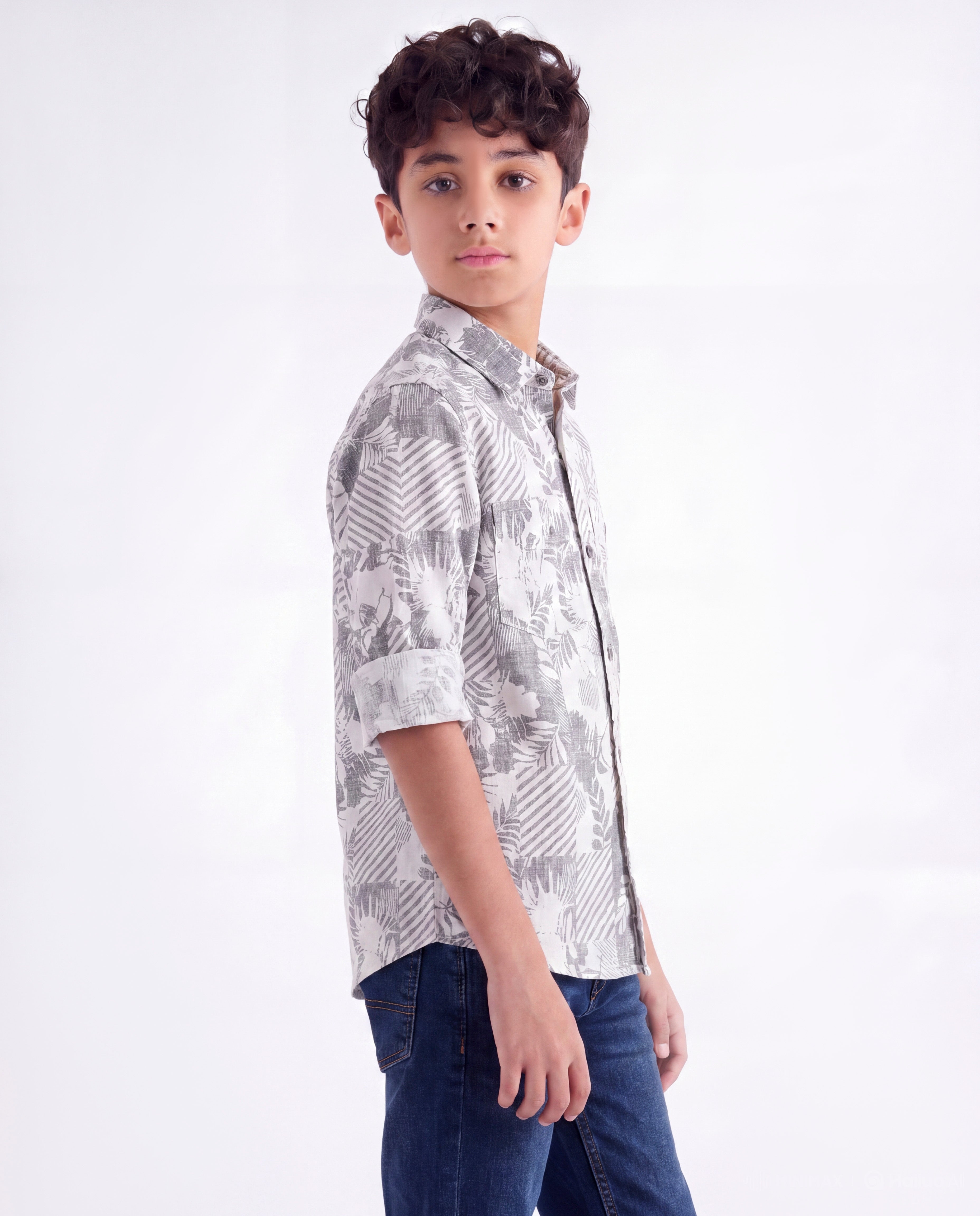 Grey Leaf Print Shirt