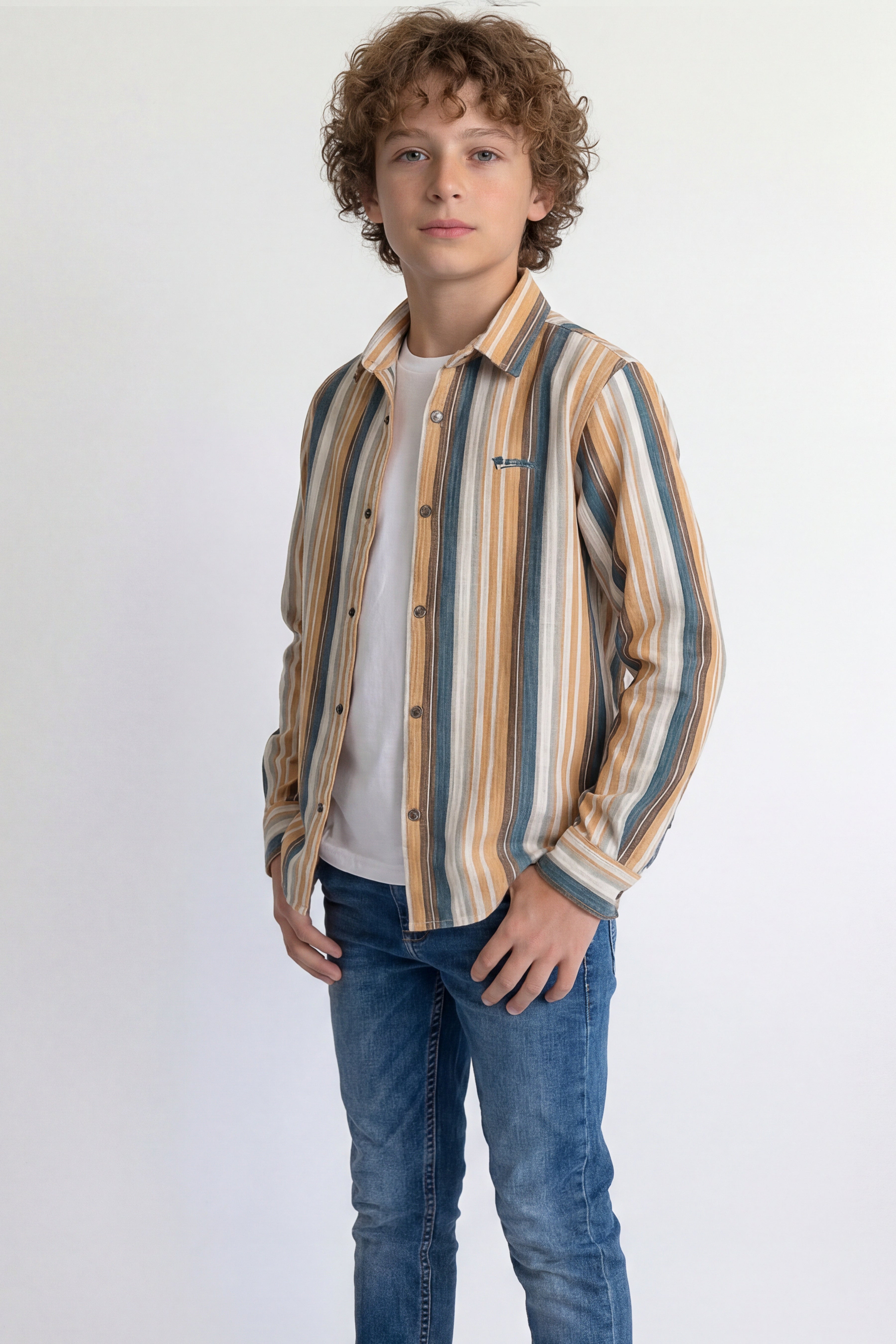 Mustard and teal striped casual shirt